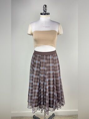 💚 3866. Brown Plaid Midi Mesh Skirt